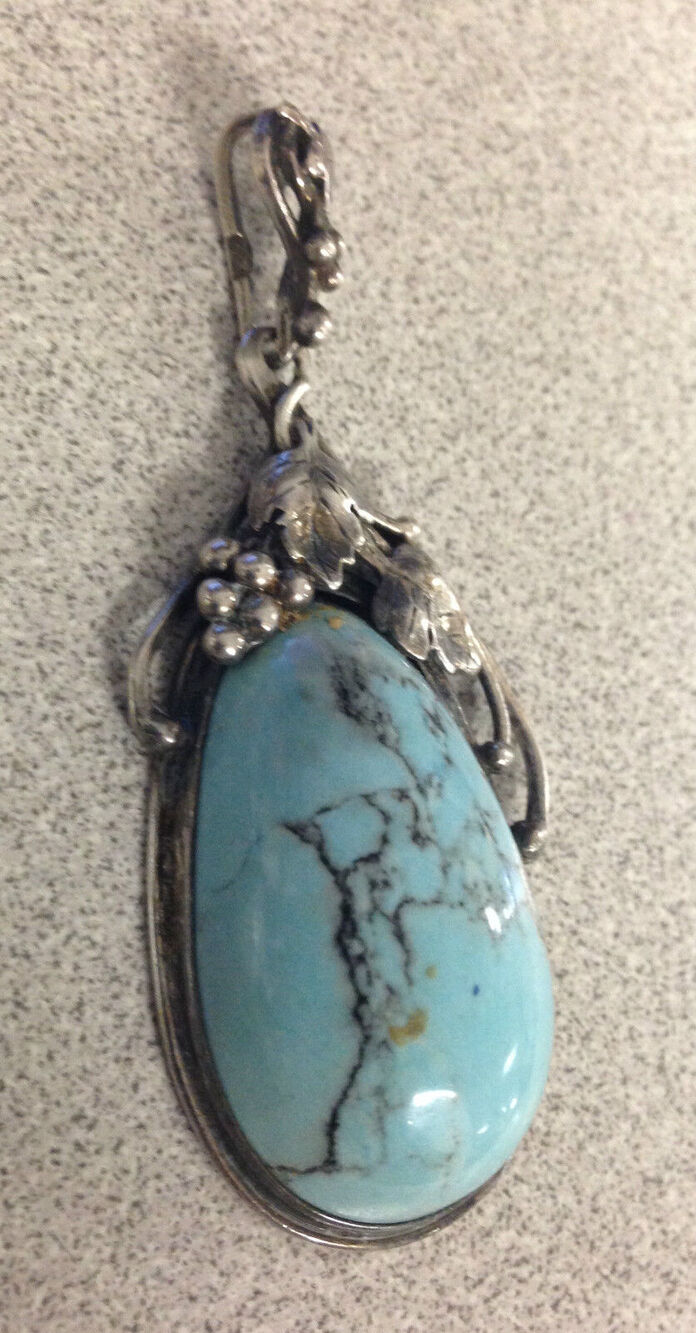 925 Sterling Silver Turquoise Pendant Signed Ornate Grape Leaf Design 1.75"